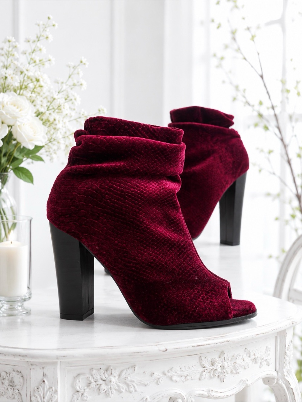 Deep Burgundy Velvet Peep Toe Ankle Booties Ruched High Heel size 10